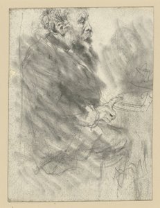 Homem barbudo sentado, virado para a direita, com o dedo indicador da mão direita estendido apoiado no tampo da mesa de Adolph Menzel