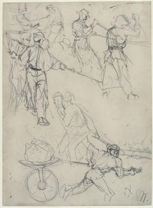 Esboços de trabalhadores a realizar diversas tarefas na laminadora. Estudo sobre «A laminadora de ferro. Ciclopes modernos» de Adolph Menzel