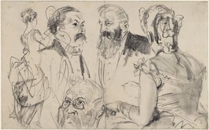 Folha de esboços com três cabeças masculinas e duas figuras femininas de costas de uma sociedade elegante de Adolph Menzel
