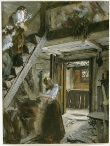 Escadaria numa casa de campinho com decoração figurativa de Adolph Menzel