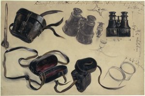 Estudo baseado nos binóculos do marechal de campo Conde von Moltke, estojo e detalhes, com anotações de Adolph Menzel