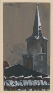 Telhado de telhas e torre de igreja, cobertos de neve de Adolph Menzel