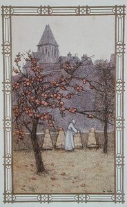 Apicultora que verifica as suas colmeias, ilustração de "La Vie des Abeilles", publicada em Paris de Adolphe (after) Giraldon