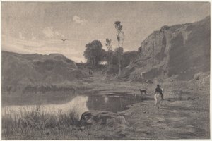 Um cavaleiro junto a um lago na montanha ao pôr-do-sol de Adolphe Appian