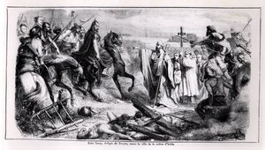 St. Loup defendendo a cidade de Troyes contra Átila, o Huno (c.406-453) em seu cavalo, ilustração de uma história da França, 2ª metade do século XIX (foto bw) de Adolphe Francois Pannemaker