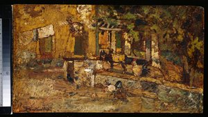 Quintal com Burro e Galos de Adolphe Joseph Thomas Monticelli