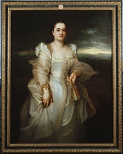 Retrato de uma senhora usando um vestido branco bordado com pérolas de Adolphe Joseph Thomas Monticelli