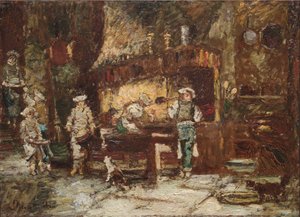 A cozinha da Rôtisserie des Deux Paons, c.1875-81 (óleo sobre painel de madeira) de Adolphe Joseph Thomas Monticelli