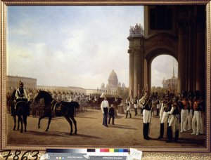 Desfile militar na Praça do Palácio em São Petersburgo. Pintura de Adolphe Ladurner (1798-1856), óleo sobre tela