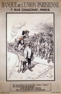Banco da União Parisiense: "Para tornar a França vitoriosa como em Valmy! Para a libertação do Território! Subscrever todos ao 4º empréstimo nacional". Ilustração de Adolphe Willette (1857-1926) de Adolphe Leon Willette