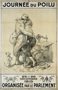 Primeira Guerra Mundial: cartaz em homenagem aos soldados que representam a reunião de um casal para o Dia do Cabeludo nos dias 25 e 26 de dezembro de Adolphe Leon Willette