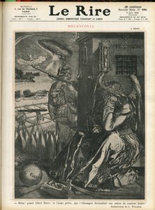 Ilustração de Adolphe dit Willette (1857-1926) para a capa do Le Lire, 06/06/14 - "Helas, grande Albert Durer, você tinha previsto que a Alemanha se tornaria um país de brutalidade negra! "- Melancolia - Guerra, Alemanha Prússia - Durer de Adolphe Leon Willette