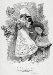 Dois amantes: "Venham e troquem as nossas almas/ Num beijo! "Ilustração de Wilette para o poema de Victor Hugo "L