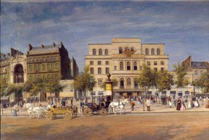 Vista geral dos teatros do boulevard du temple antes do piercing do Boulevard Príncipe Eugene, detalhe dos Caleches parisienses em frente ao Teatro Imperial. Pintura de Adolphe Potemont (1828-1883)