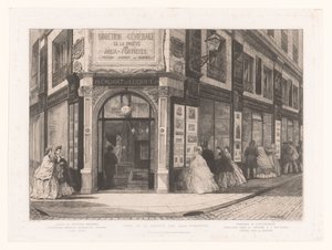 Vista do negócio Cadart e Luquet com senhoras e senhores nas montras Siège de la société des Aquafortistes (título no objeto) Eaux-Fortes Modernes: Originales et Inédites (título da série)