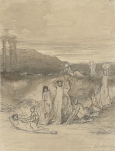 Paisagem clássica com figuras nuas reclinadas, em pé e sentadas e uma ruína do templo de Adolphe René Lefèvre
