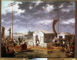 Entrevista de Tilsit (Tilsitt) entre Napoleão I e o czar Alexandre I da Rússia no rio Niemen em 25 de junho