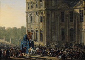 Transportando a estátua de Henrique IV (1553-1610) em frente ao Pavilhão de Flora do Louvre, 1818