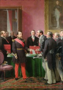 Napoleão III (1808-1873) entrega o decreto que permite a anexação das comunas de Paris de Subúrbio ao barão Georges Haussmann (1809-91) em junho de 1859