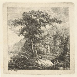 Paisagem montanhosa com árvores, castelo e duas figuras de Adriaan Jacob Willem van Dielen