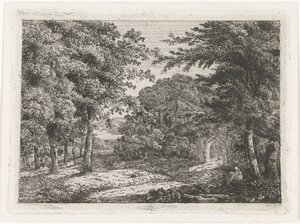 Paisagem com capela entre árvores e leitura de monge de Adriaan Jacob Willem van Dielen