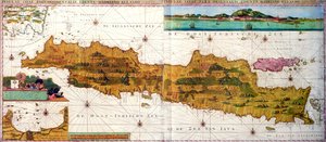Insulae lavae, um grande mapa dobrável de Java com dois insetos retratando ambas as vistas de Batavia (Jacarta) holandês, publicado por Gerard van Keulen, Amsterdão, c.1715 (gravura colorida) de Adriaan Reland
