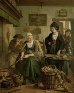 Panquecas de cozimento de mulher. Por volta de 1790-1810