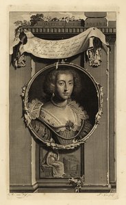 Elisabeth Stuart, Rainha da Boémia, Electresa do Palatinado, esposa de Frederico V, o Rei do inverno. Elisabeth, Reine de Boheme. Vestido com mangas cortadas, gola de renda com pérolas. Vinheta de uma mulher a refletir sobre uma coroa caída. Gravura em cob