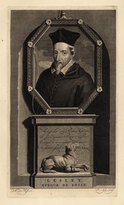 John Lesley, historiador escocês e bispo de Ross. Eveque de Rosse. Cão com chave. Gravura em cobre de Pieter Stevens van Gunst, segundo Adriaen van der Werff, da Histoire d