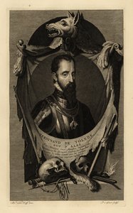 Retrato de Fernando Álvarez de Toledo y Pimentel, 3º Duque de Alba, ou Duque de Ferro. De armadura com corrente da ordem do Tosão de Ouro. Com pele de lobo, crânios humanos, espada, punhal e pistola de pederneira. Ferdinand de Tolede, duque de Albe. Cobre