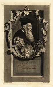 Retrato de Stephen Gardiner, bispo de Winchester e político. Com brasão de armas. Gravura em talhe-doce de Pieter Stevens van Gunst, segundo Adriaen van der Werff, da Histoire d
