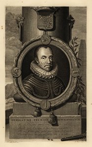Guilherme I, Príncipe de Orange, Guilherme, o Silencioso ou Guilherme, o Taciturno. Guillaume, Primeiro Príncipe de Orange. De armadura com rufo de renda, brasão de armas por cima, pistola de pederneira e bala de chumbo por baixo. Gravura em talhe-doce de 