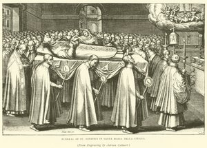 Funeral de Santo Inácio em Santa Maria Della Strada (gravura) de Adriaen (after) Collaert