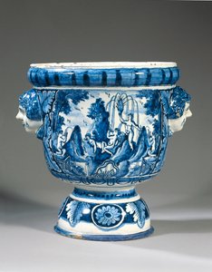 Urna de jardim com pedestal mitológico de duas alças azul e branca Delft de Adriaen (fl.1868 d.1701) (attr.to) Kocks