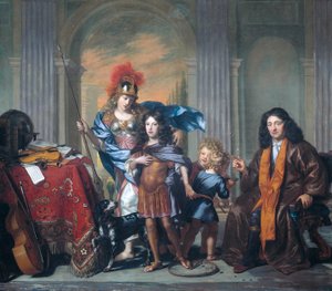 Neerlandês: Allegorische portretgroep van de familie De Bordes met Minerva Retrato de grupo alegórico, provavelmente mostrando Anthony de Bordes Sr. a deixar o seu filho Anthony ao cuidado de Minerva