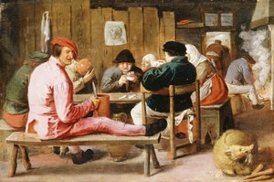 Fomenta fumar e beber em uma mesa em uma taberna, c.1625 de Adriaen Brouwer
