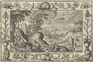 Abraão sacrifica Isaac
Paisagens com cenas bíblicas, mitológicas e cenas de caça (título da série) de Adriaen Collaert