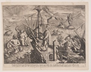 Américo Vespúcio no seu navio, de Americae Retectio (A Descoberta da América) de Adriaen Collaert