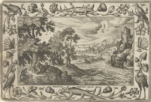 Apóstolo João em Patmos Paisagens com cenas bíblicas, mitológicas e de caça (título da série) de Adriaen Collaert