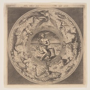Arion sobre um golfinho rodeado por uma orla decorada com criaturas marinhas, de um conjunto de desenhos para pratos (Fonds de Coupe) de Adriaen Collaert