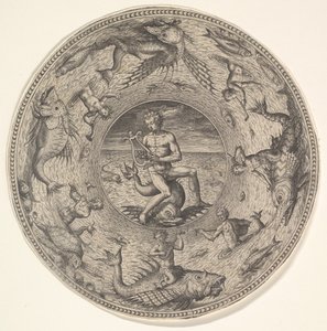 Arion em um golfinho cercado por uma borda decorada com criaturas do mar, de um conjunto de ..., 1580-1600. de Adriaen Collaert