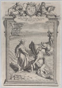 Cristo chamando Santo André, que se ajoelha diante dele na praia, e São Pedro, que sobe..., 1590. de Adriaen Collaert