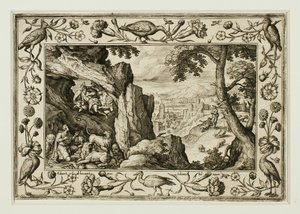 Daniel na cova dos leões, de Paisagens com cenas do Antigo e do Novo Testamento e cenas de caça de Adriaen Collaert