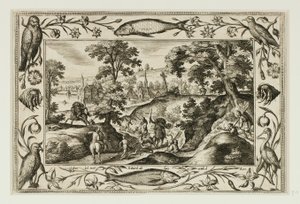 Caça ao veado, a partir de Paisagens com cenas do Antigo e do Novo Testamento e cenas de caça de Adriaen Collaert