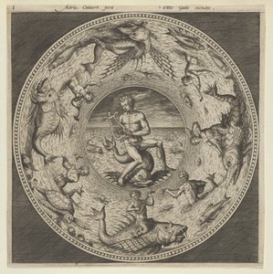 Projeto para um prato com Arion montando um golfinho em um medalhão cercado por monstros marinhos..., c1600. de Adriaen Collaert