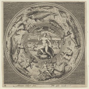 Projeto para uma Placa com Galatea em uma Concha Ladeada por Trompetistas em uma Borda de Medalhão..., c1600. de Adriaen Collaert