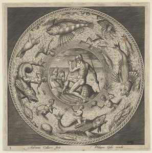 Projeto para uma Placa com Netuno em uma Concha Desenhada por Cavalos em um Medalhão Bordado por ..., c1600. de Adriaen Collaert
