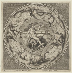 Projeto para uma placa com Thetis em uma concha em um medalhão cercado por monstros marinhos, c1600. de Adriaen Collaert