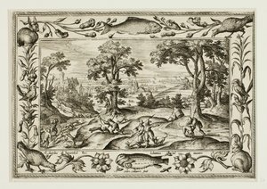 Caça à lebre, de Paisagens com cenas do Antigo e do Novo Testamento e cenas de caça de Adriaen Collaert