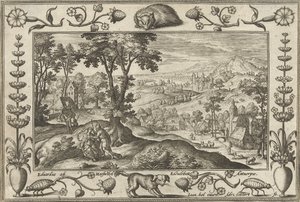 Judá e Tamar Paisagens com cenas bíblicas, mitológicas e de caça (título da série) de Adriaen Collaert